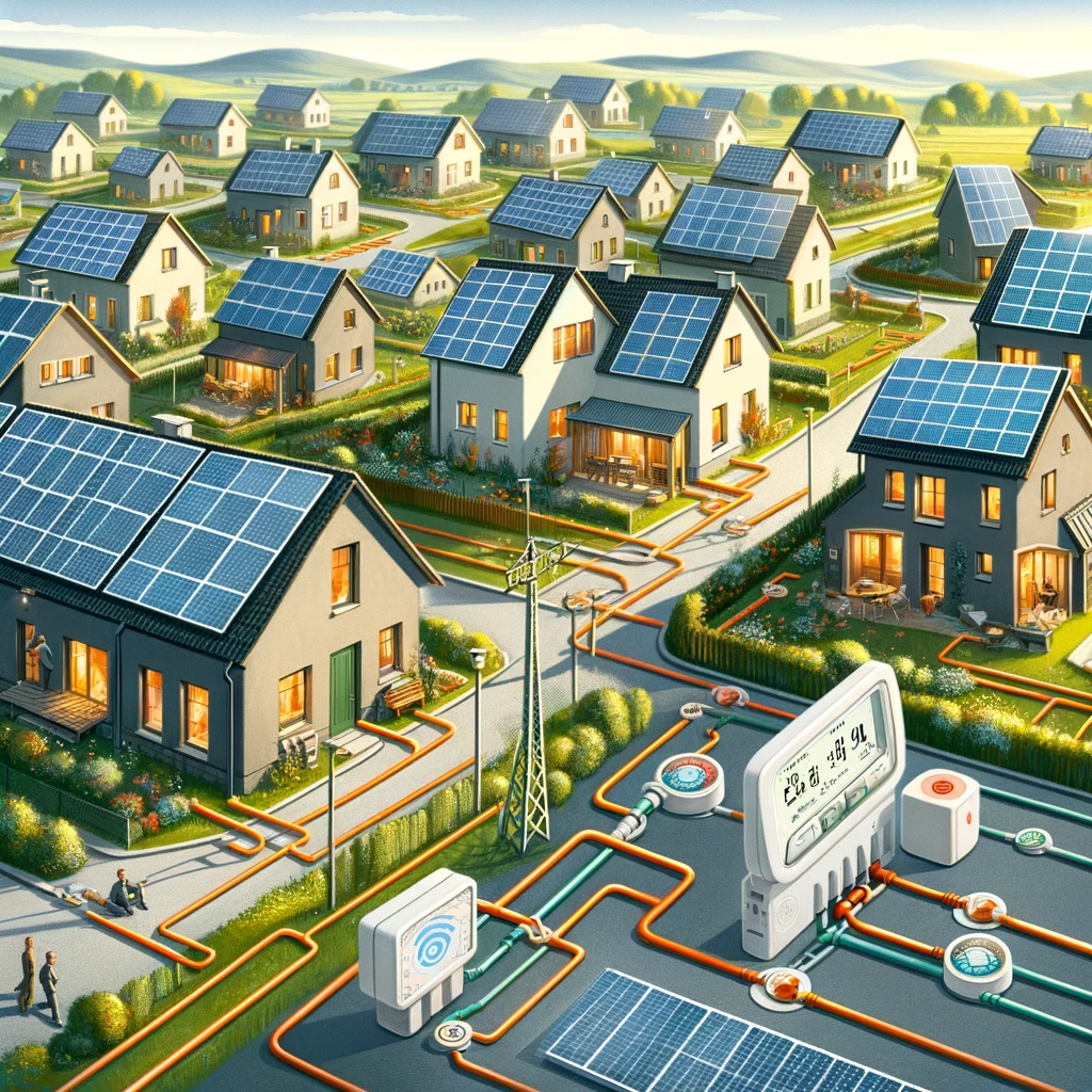 DALL·E 2024-02-26 00.59.29 - Ilustración detallada de un entorno residencial donde varias casas están conectadas entre sí por cables eléctricos y paneles solares compartidos en lo